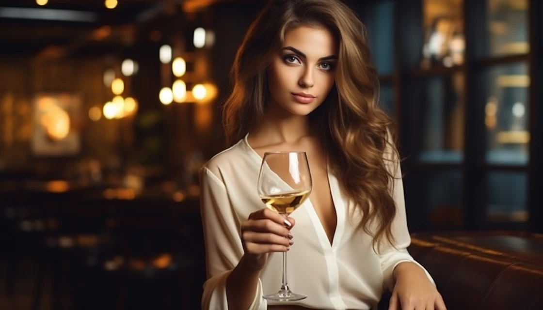 Девушка с бокалом вина в ресторане