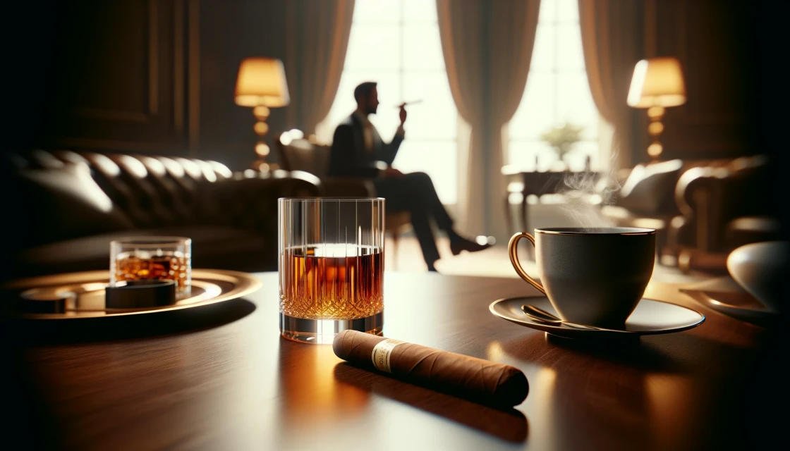 Коньяк кофе и сигара на столе в красивой комнате