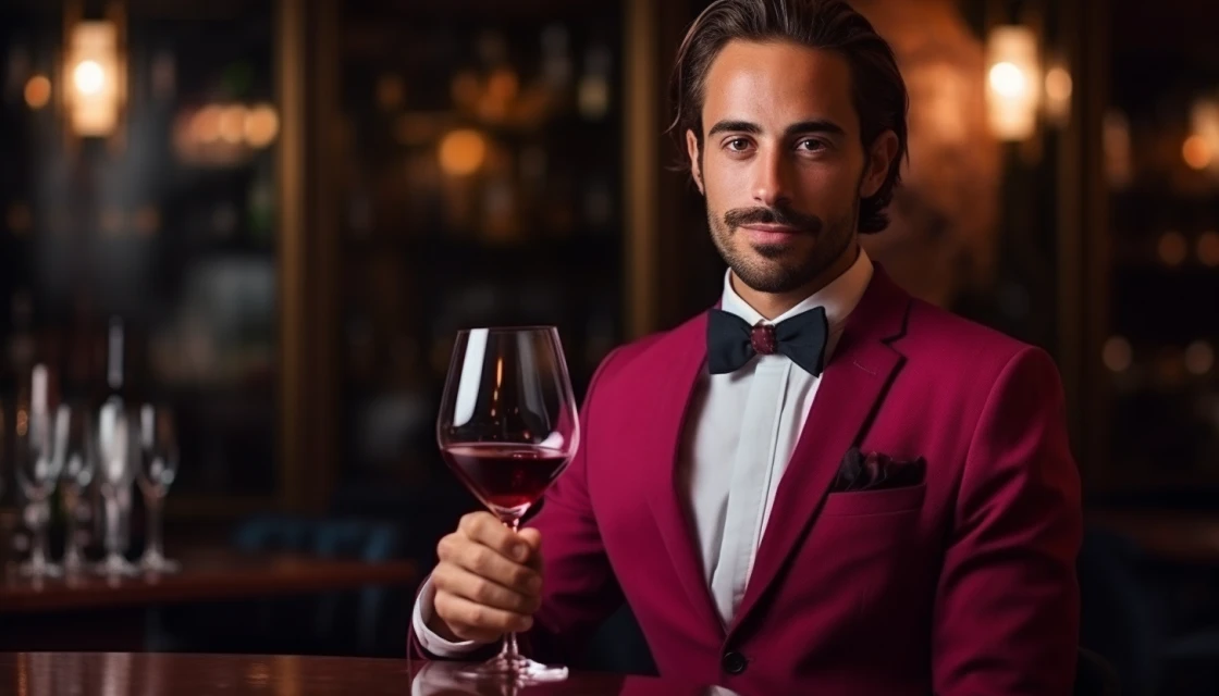 Мужчина пьёт розовое вино в ресторане