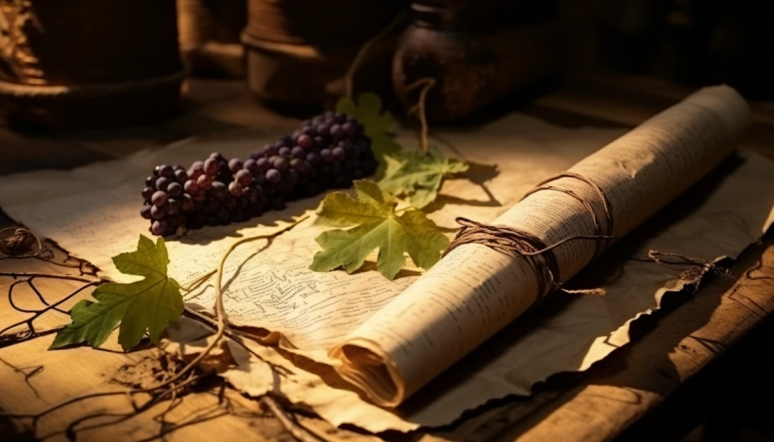 Свиток бумаг на столе и виноградная гроздь