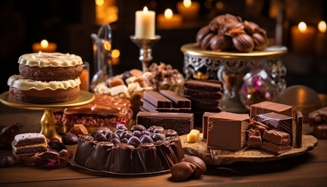 шоколадно-карамельными конфеты, пралине, чизкейки, десерты на красивом столе