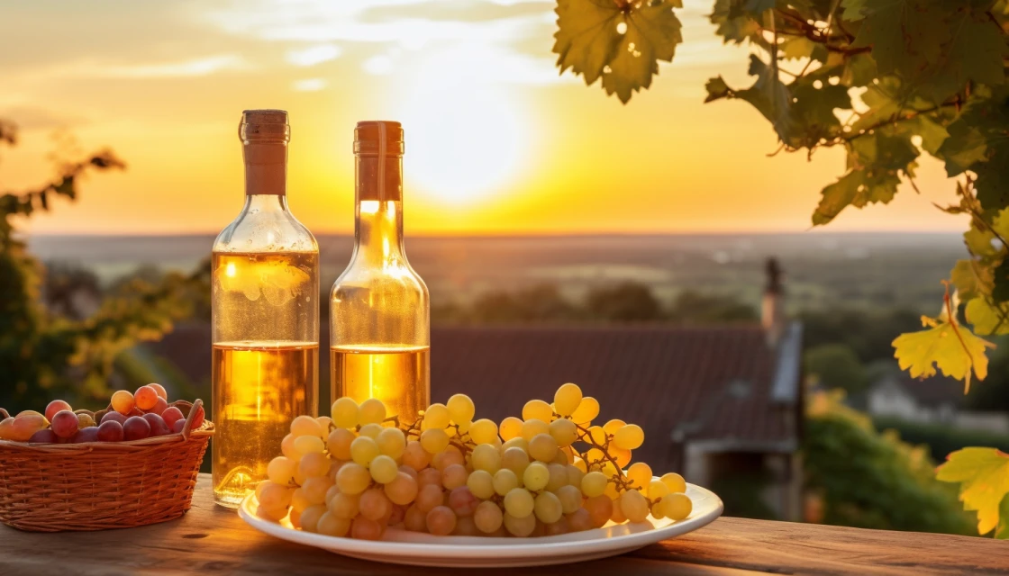 Бутылки бренди и белый виноград на фоне заката