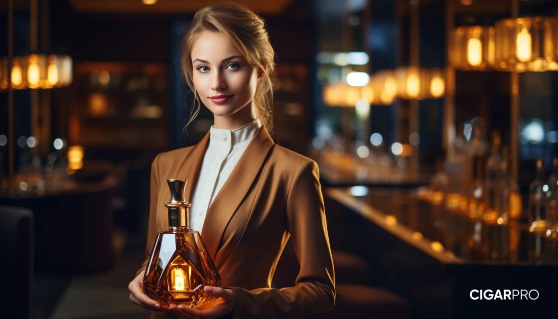  Девушка с бутылкой коньяка в красивом ресторане 