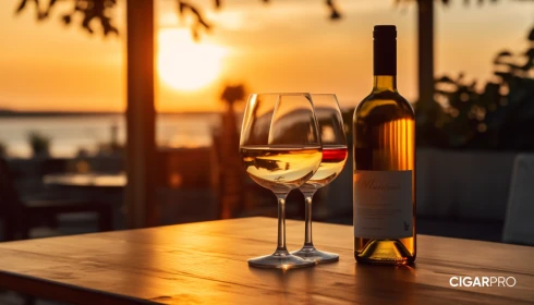 Бутылка белого вина с бокалами на закате в ресторане