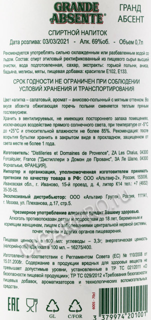 контрэтикетка абсент grande absente 69% 0.7л