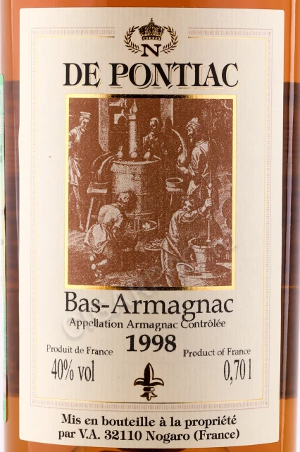 Этикетка Бренди Bas Armagnac De Pontiac 1998 years 0.7л