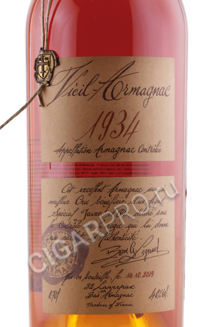 этикетка арманьяк baron g legrand bas armagnac 1934 years 0.7л