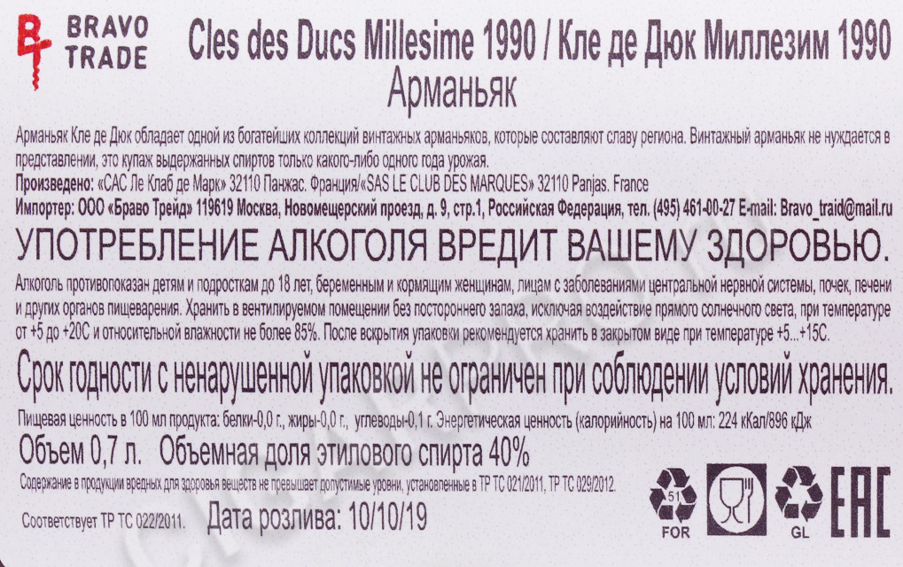 контрэтикетка арманьяк cles des ducs millesime 1990 years 0.7л