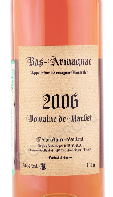 этикетка арманьяк domaine de haubet 2006 years 0.7л