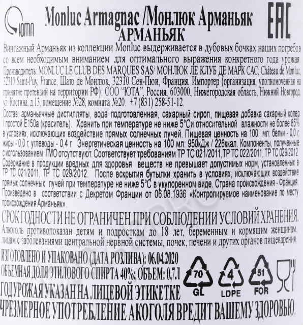 контрэтикетка арманьяк monluc 1945 years 0.7л