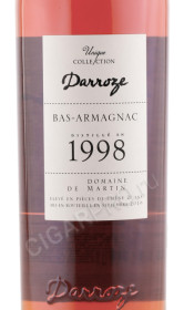 этикетка арманьяк darroze bas armagnac unique collection 1998 years 0.7л