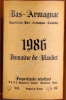 Этикетка Арманьяк Домен де Обе 1986 года 0.7л