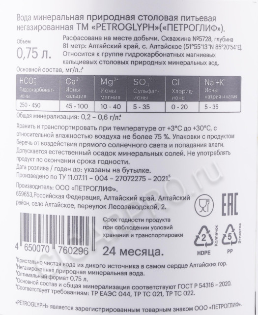 контрэтикетка вода минеральная петроглиф 0.75л