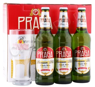 Пиво Прага Премиум Пилс 0.5л 3 бут +1 бокал в подарочной упаковке