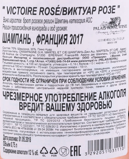 Контрэтикетка Шампанское Виктуар Розе 2017г 0.75л