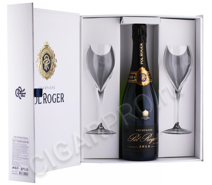 подарочная упаковка шампанское pol roger brut vintage 2013г 0.75л + 2 бокала