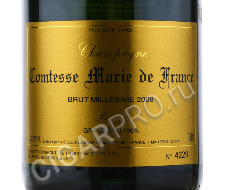 этикетка paul bara comtesse marie de france 2008 0.75 l