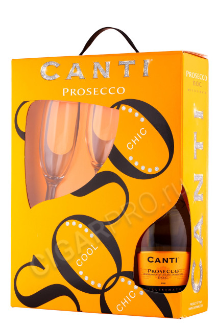 подарочная упаковка игристое вино canti prosecco family doc 0.75л + 2 бокала
