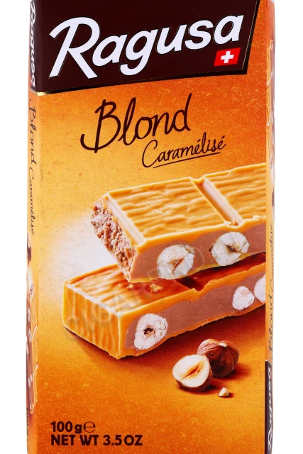 Этикетка Шоколад Ragusa Blond белый с трюфельной начинкой и целыми лесными орехами 100гр