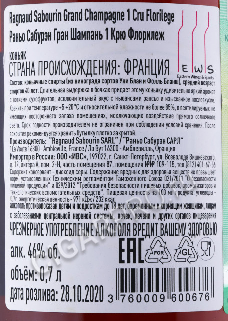 контрэтикетка коньяк ragnaud sabourin florilege 40 years 0.7л