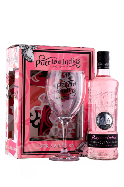 джин puerto de indias sevillian premium strawberry gin + бокал 0.7л в подарочной упаковке