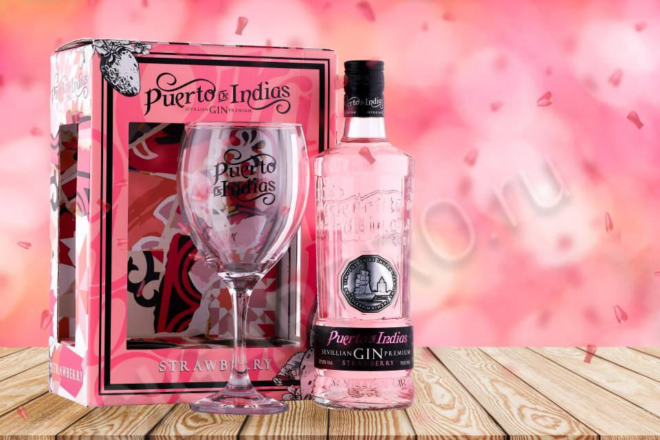 джин puerto de indias sevillian premium strawberry gin + бокал 0.7л в подарочной упаковке