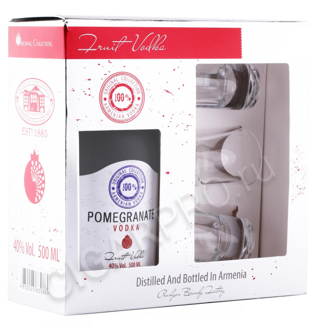 подарочная упаковка водка hent pomegranate 0.5л + 3 стопки
