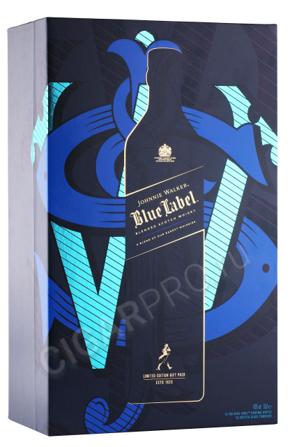 подарочная упаковка виски johnnie walker blue label 0.7л + 2 стакана