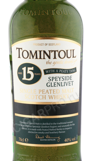 этикетка виски tomintoul 15 years old peaty tang 0.7л