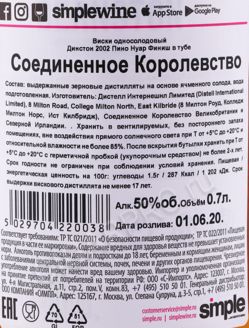 контрэтикетка виски deanston 2002 pinot noir 0.7л