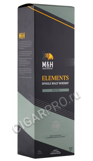 подарочная упаковка виски m&h classic elements peated 0.7л