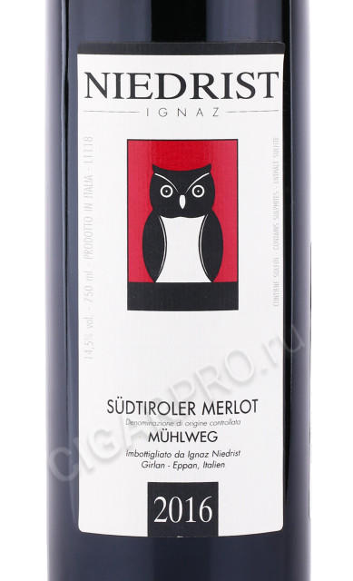этикетка вино niedrist muhlweg merlot sudtiroler doc 0.75л