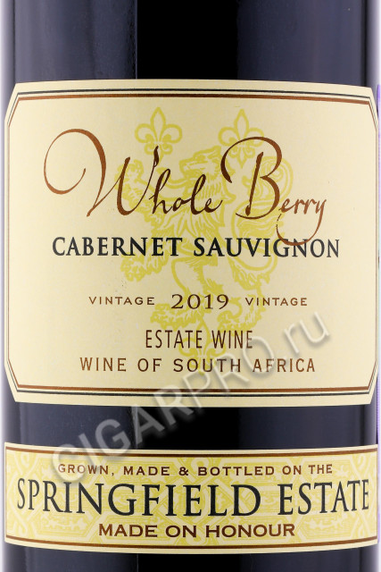 этикетка вино springfield estate whole berry cabernet sauvignon 0.75л