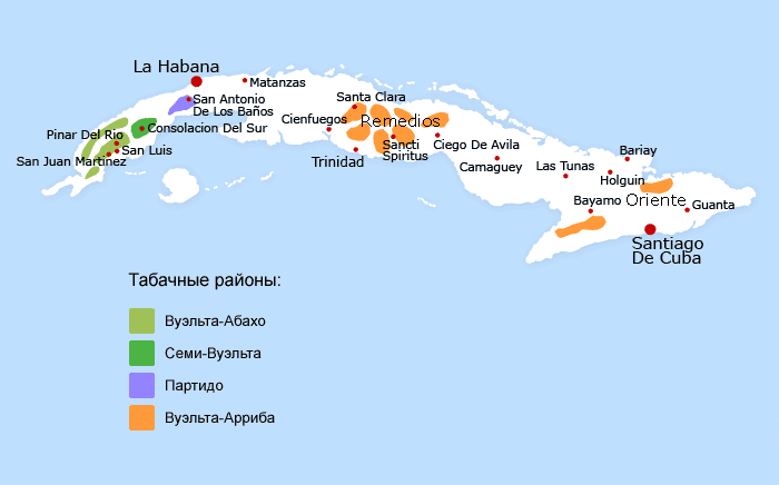 Карта с районами выращивания табака для сигар Habanos